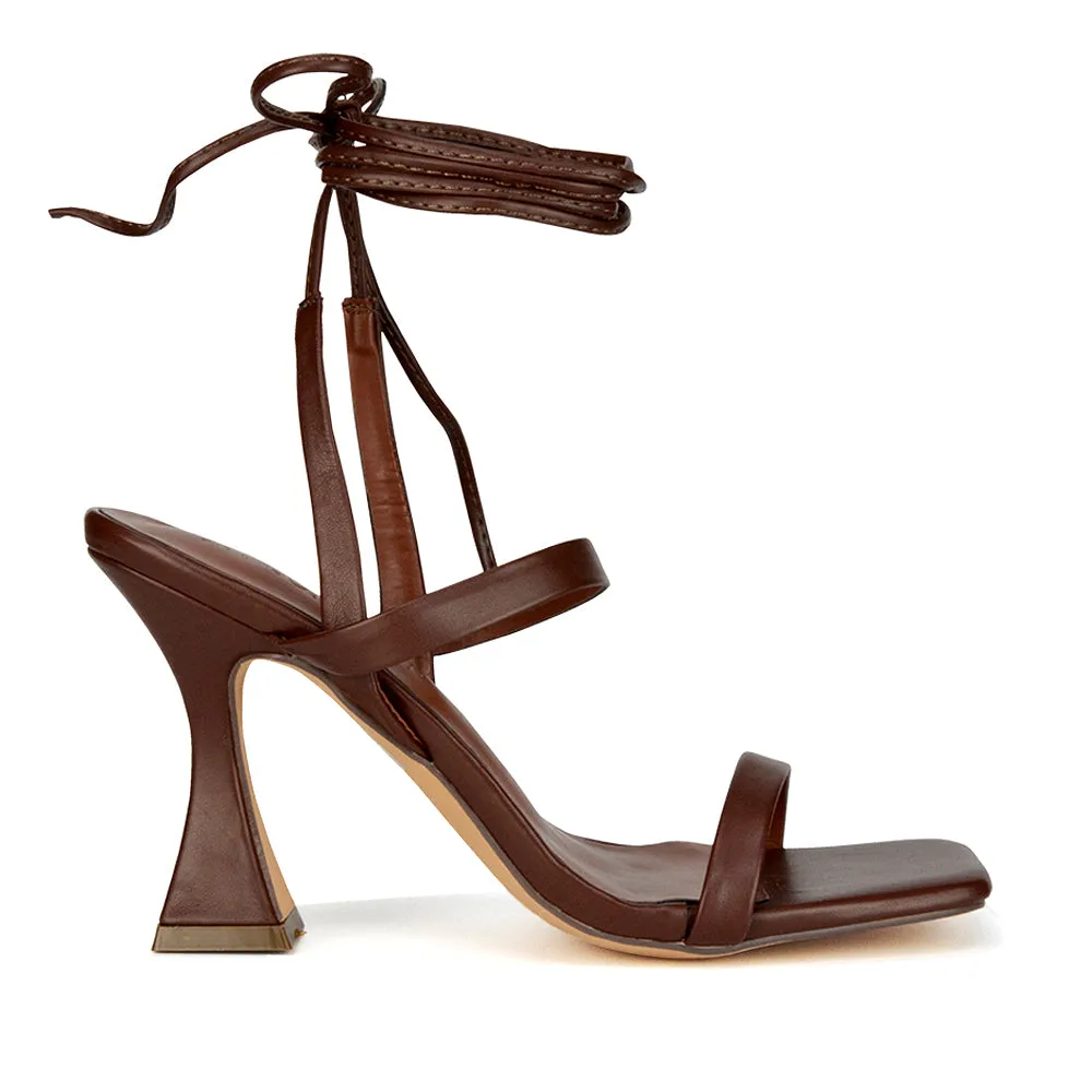 Taytum Square Toe Strappy Lace Up Sandal Flared High Heels in Brown Synthetic Leather sold by XYlondon product image thumbnail 3