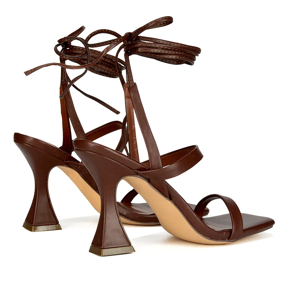 Taytum Square Toe Strappy Lace Up Sandal Flared High Heels in Brown Synthetic Leather sold by XYlondon product image thumbnail 2