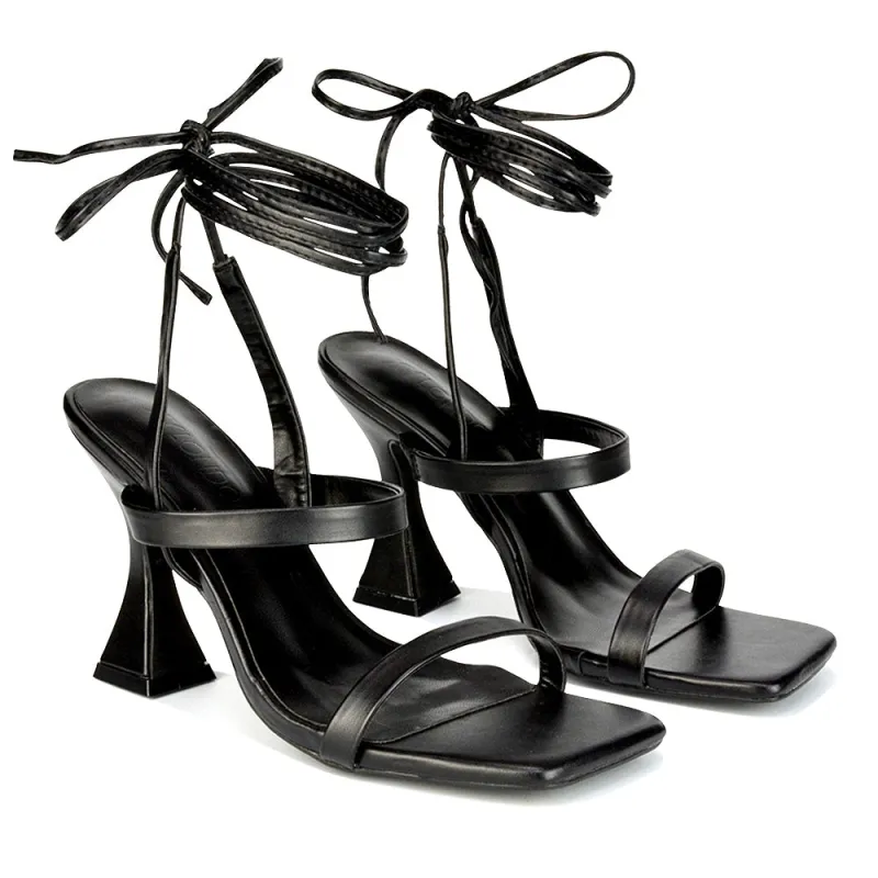 Taytum Square Toe Strappy Lace Up Sandal Flared High Heels in Black Synthetic Leather sold by XYlondon