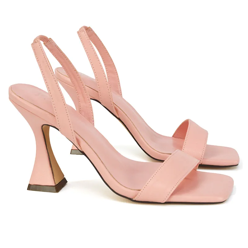 Paola Sling Back Strappy Square Toe Sculptured High Heel Sandals in Pink Synthetic Leather made by XYlondon