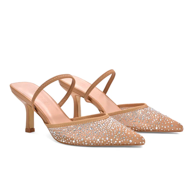 Sloane Strappy Slingback Rhinestone Mesh Stiletto Pointed Toe Slip On Heels in Nude sold by XYlondon