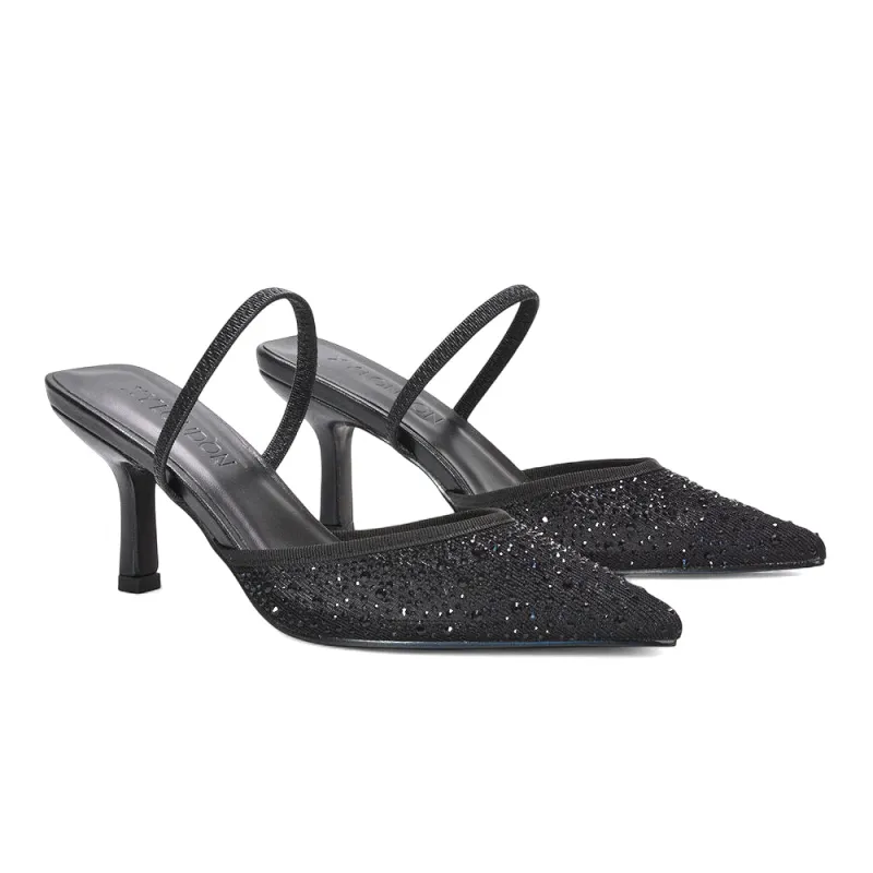 Sloane Strappy Slingback Rhinestone Mesh Stiletto Pointed Toe Slip On Heels in Black sold by XYlondon