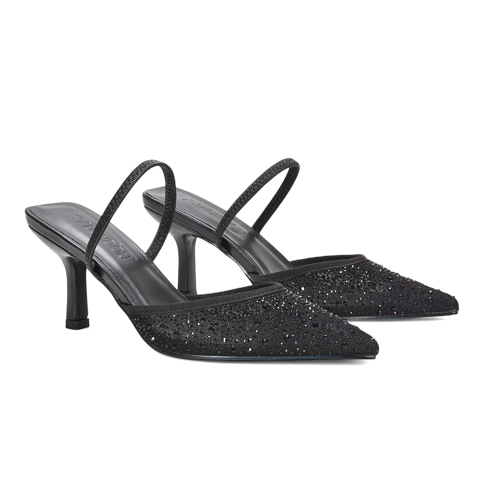 Sloane Strappy Slingback Rhinestone Mesh Stiletto Pointed Toe Slip On Heels in Black sold by XYlondon