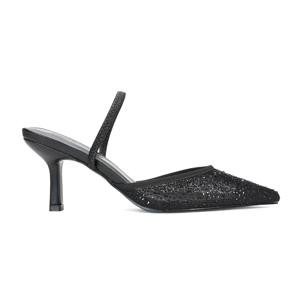 Sloane Strappy Slingback Rhinestone Mesh Stiletto Pointed Toe Slip On Heels in Black sold by XYlondon product image thumbnail 2