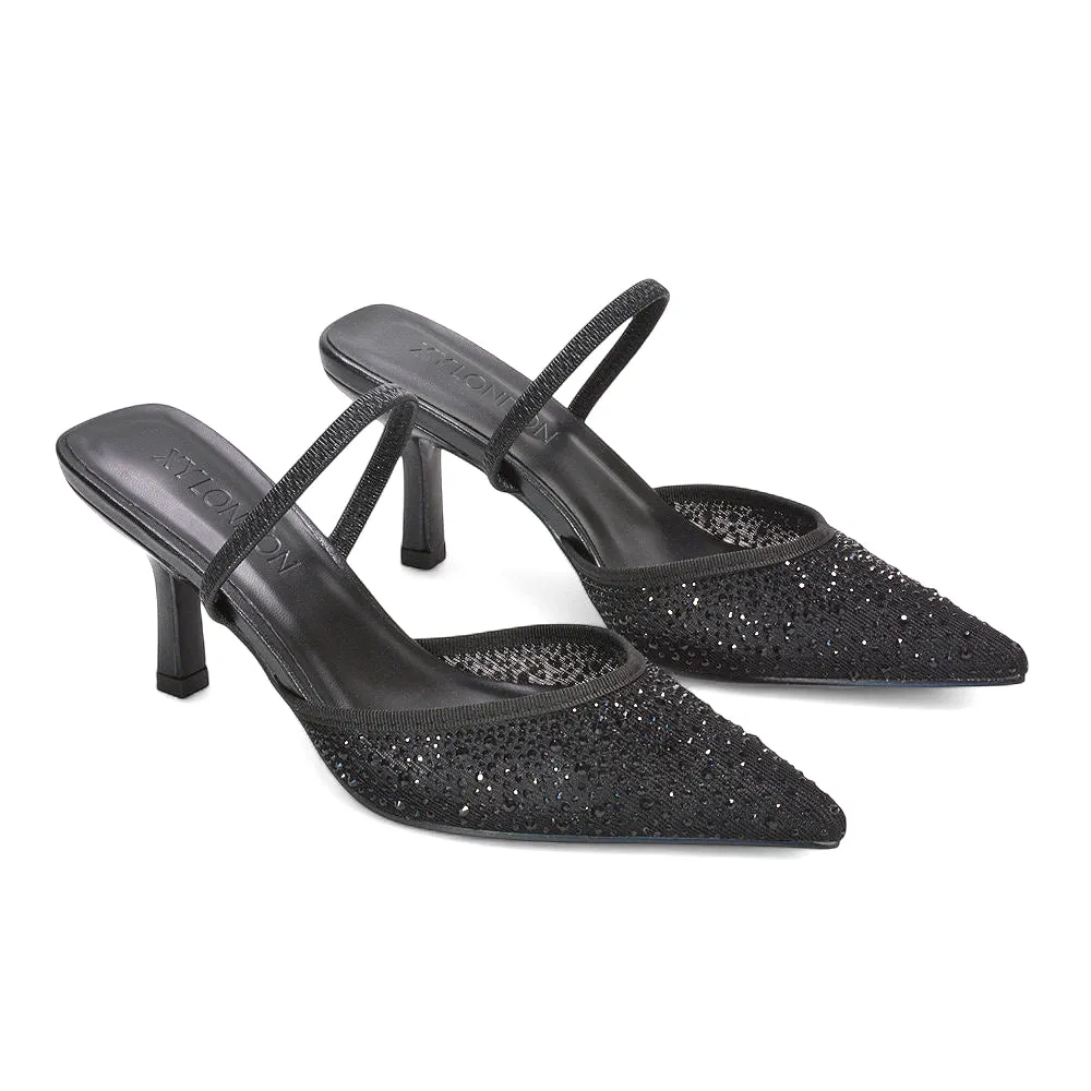 Sloane Strappy Slingback Rhinestone Mesh Stiletto Pointed Toe Slip On Heels in Black sold by XYlondon product image thumbnail 5
