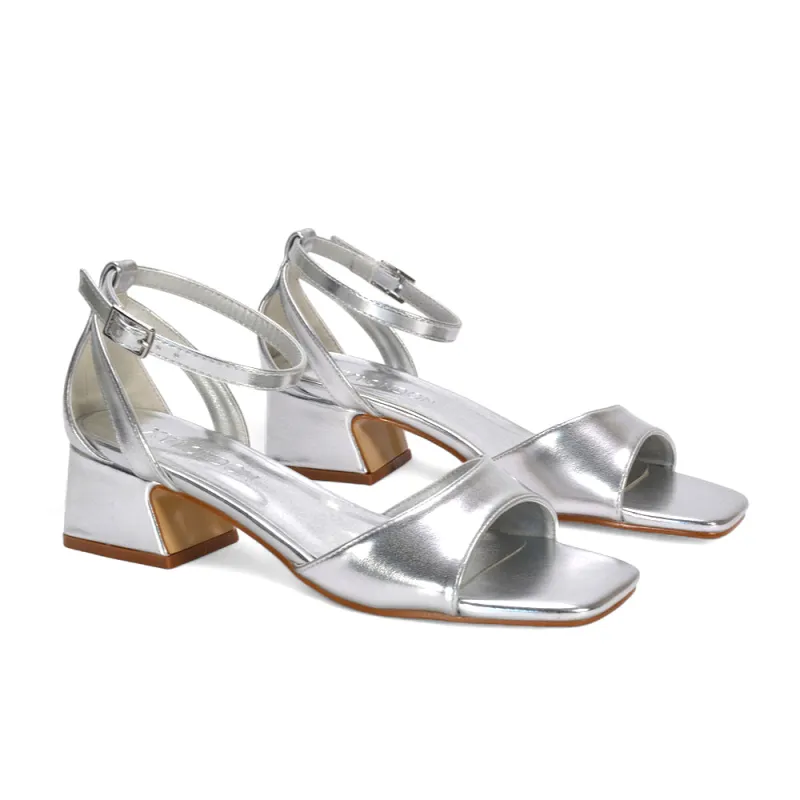 Stevie Square Toe Strappy Low Block Heel Summer Sandals in Silver Metallic sold by XYlondon