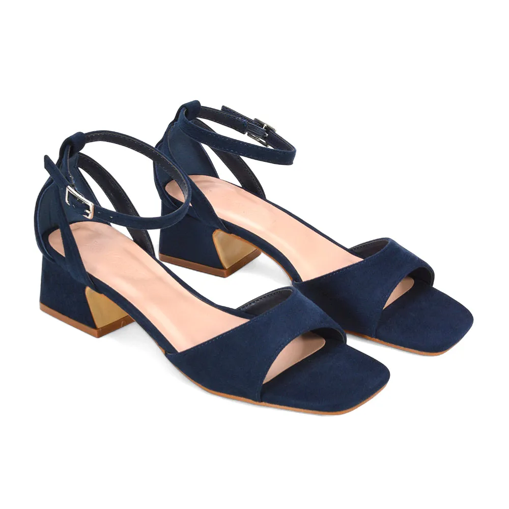Stevie Square Toe Strappy Low Block Heel Summer Sandals in Navy Faux Suede sold by XYlondon product image thumbnail 5