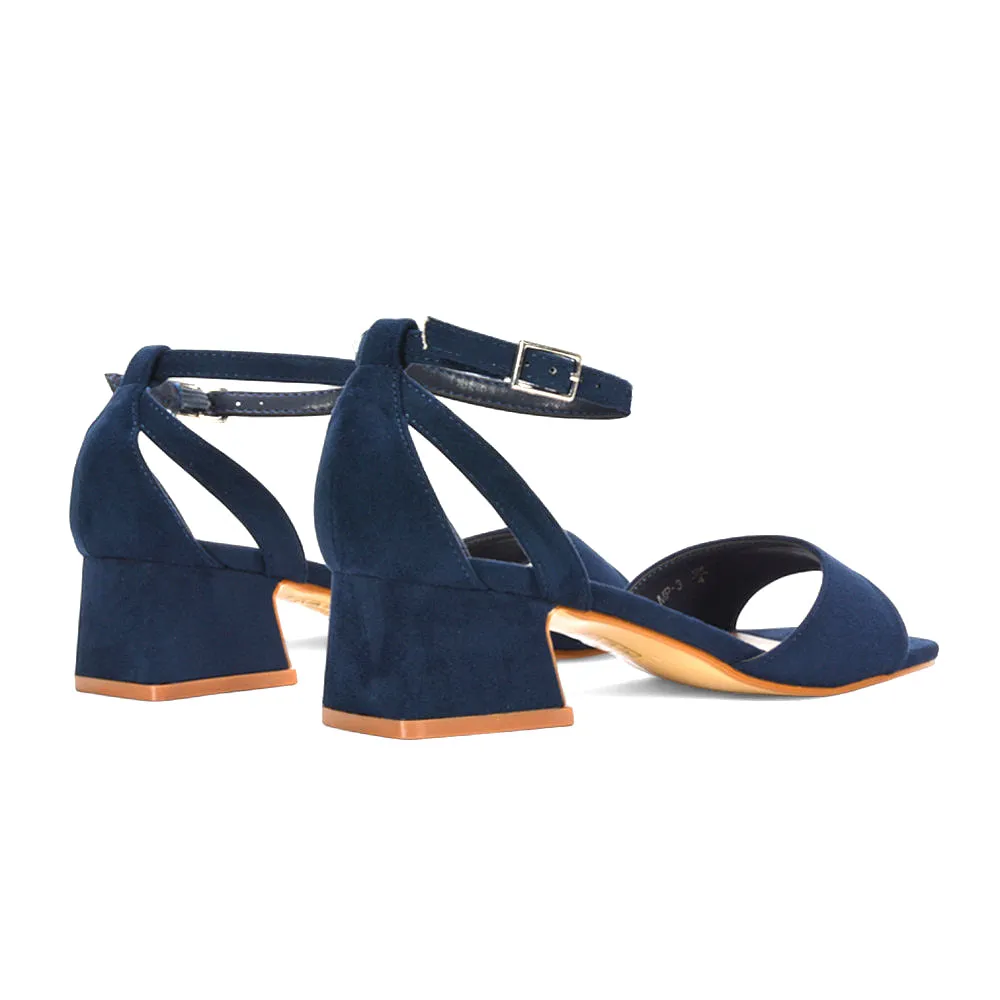 Stevie Square Toe Strappy Low Block Heel Summer Sandals in Navy Faux Suede sold by XYlondon product image thumbnail 4