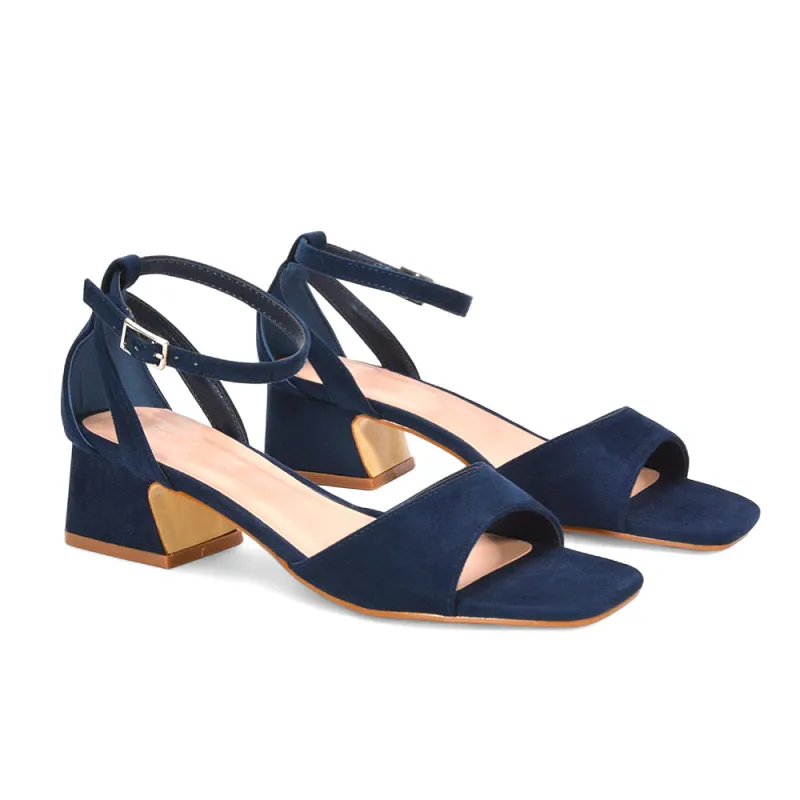 Stevie Square Toe Strappy Low Block Heel Summer Sandals in Navy Faux Suede sold by XYlondon