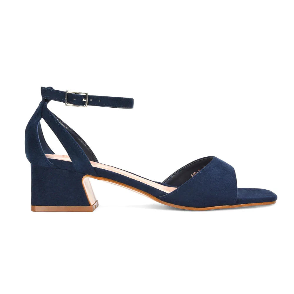 Stevie Square Toe Strappy Low Block Heel Summer Sandals in Navy Faux Suede sold by XYlondon product image thumbnail 2