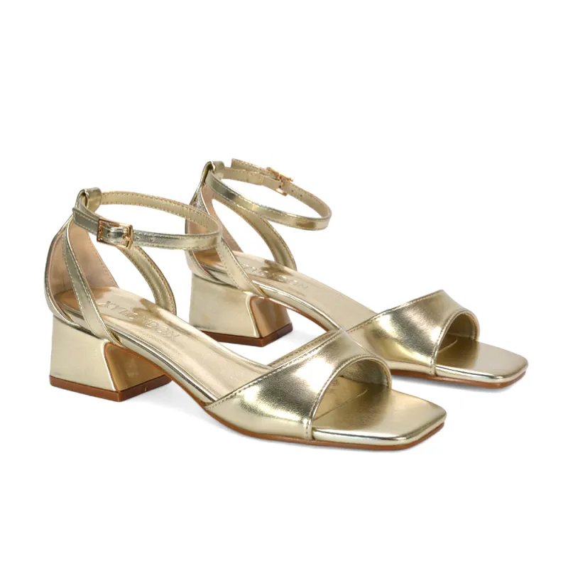 Stevie Square Toe Strappy Low Block Heel Summer Sandals in Gold Metallic sold by XYlondon