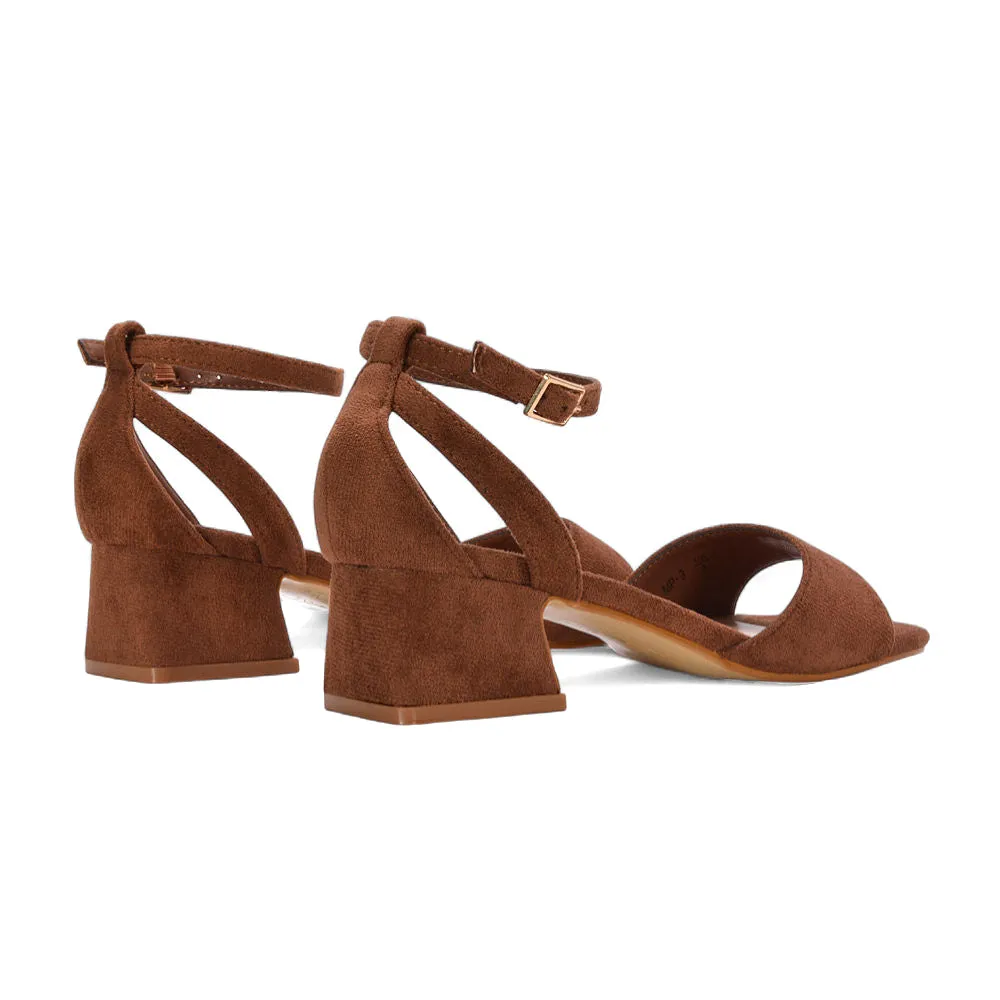 Stevie Square Toe Strappy Low Block Heel Summer Sandals in Brown Faux Suede sold by XYlondon product image thumbnail 4