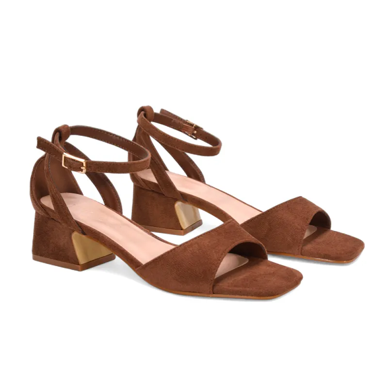 Stevie Square Toe Strappy Low Block Heel Summer Sandals in Brown Faux Suede sold by XYlondon