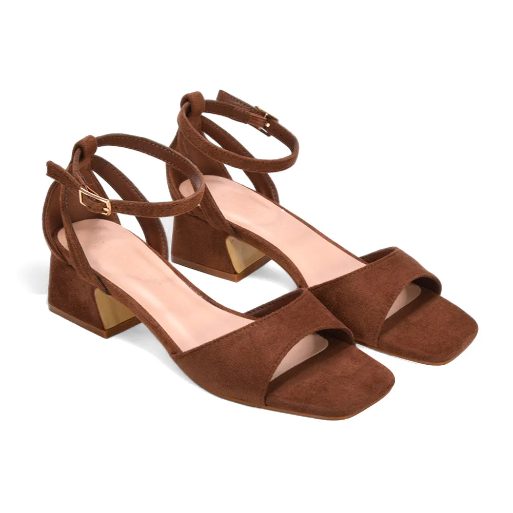 Stevie Square Toe Strappy Low Block Heel Summer Sandals in Brown Faux Suede sold by XYlondon product image thumbnail 5