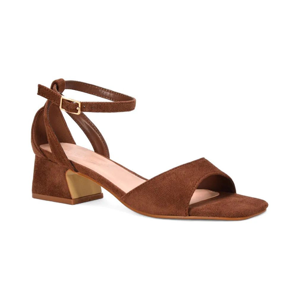 Stevie Square Toe Strappy Low Block Heel Summer Sandals in Brown Faux Suede sold by XYlondon product image thumbnail 3