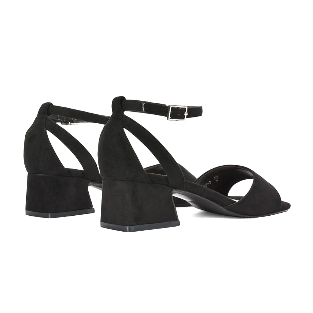 Stevie Square Toe Strappy Low Block Heel Summer Sandals in Black Faux Suede sold by XYlondon product image thumbnail 4