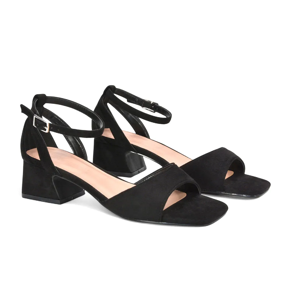 Stevie Square Toe Strappy Low Block Heel Summer Sandals in Black Faux Suede sold by XYlondon