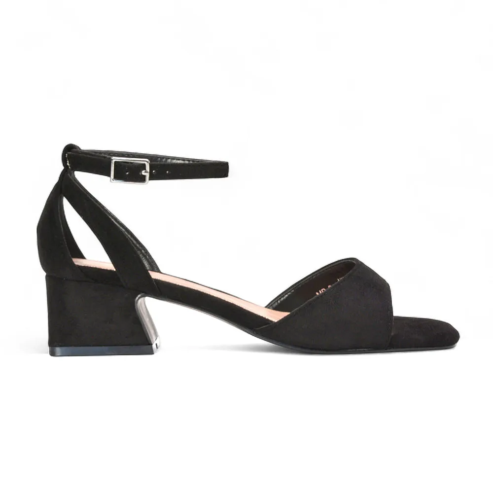 Stevie Square Toe Strappy Low Block Heel Summer Sandals in Black Faux Suede sold by XYlondon product image thumbnail 2