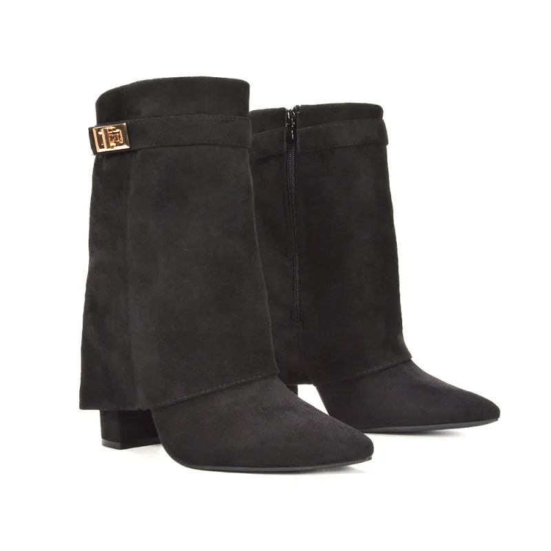 Talia Fold Over Mid Block Heel Pointed Toe Zip Up Ankle Boots in Black Faux Suede made by XYlondon