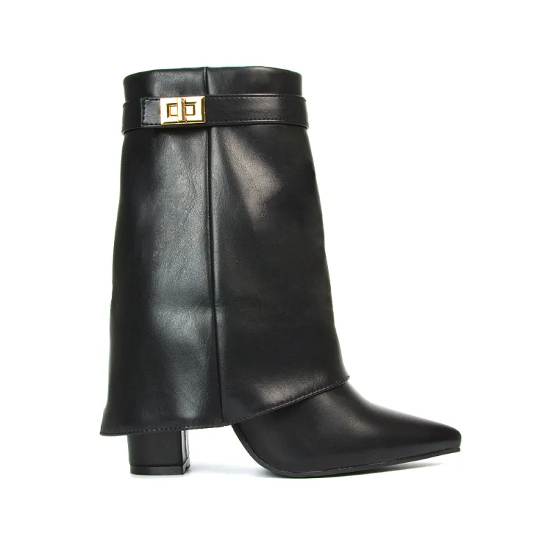 Talia Fold Over Mid Block Heel Pointed Toe Zip Up Ankle Boots in Black Synthetic Leather sold by XYlondon