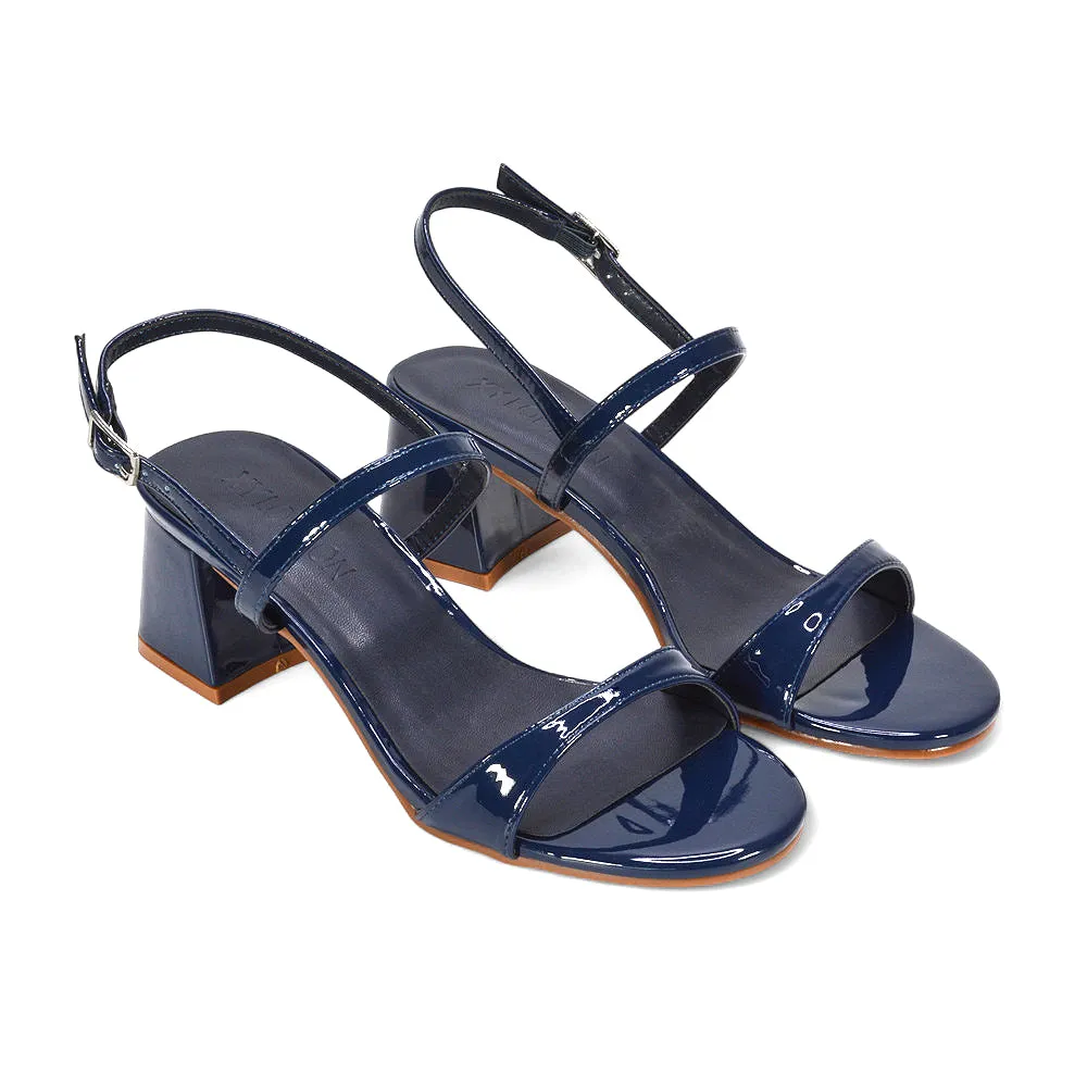 Izzy Strappy Slingback Peep Toe Mid Block Heel Sandals in Navy Patent sold by XYlondon product image thumbnail 5