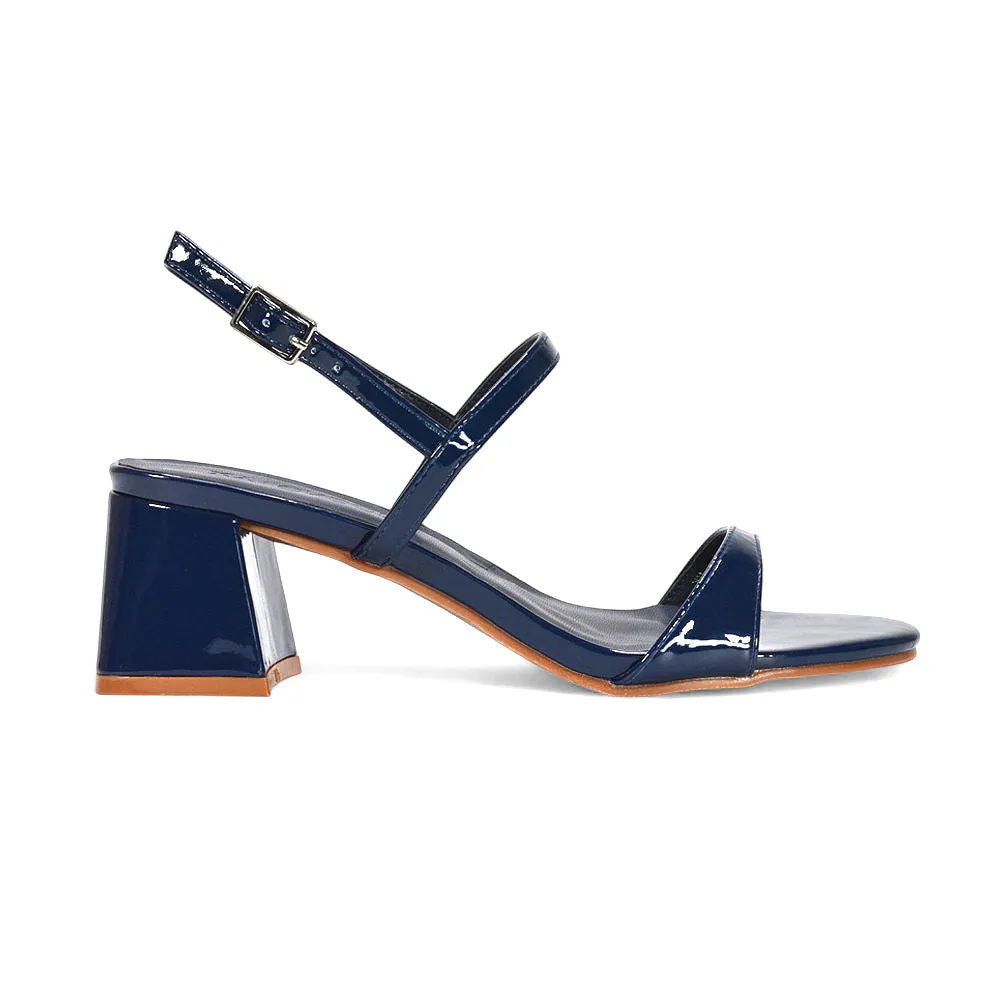Izzy Strappy Slingback Peep Toe Mid Block Heel Sandals in Navy Patent sold by XYlondon product image thumbnail 2