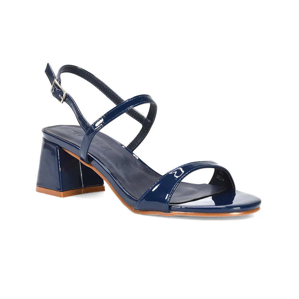 Izzy Strappy Slingback Peep Toe Mid Block Heel Sandals in Navy Patent sold by XYlondon product image thumbnail 3