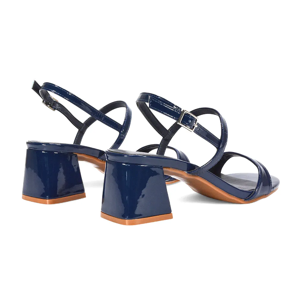 Izzy Strappy Slingback Peep Toe Mid Block Heel Sandals in Navy Patent sold by XYlondon product image thumbnail 4