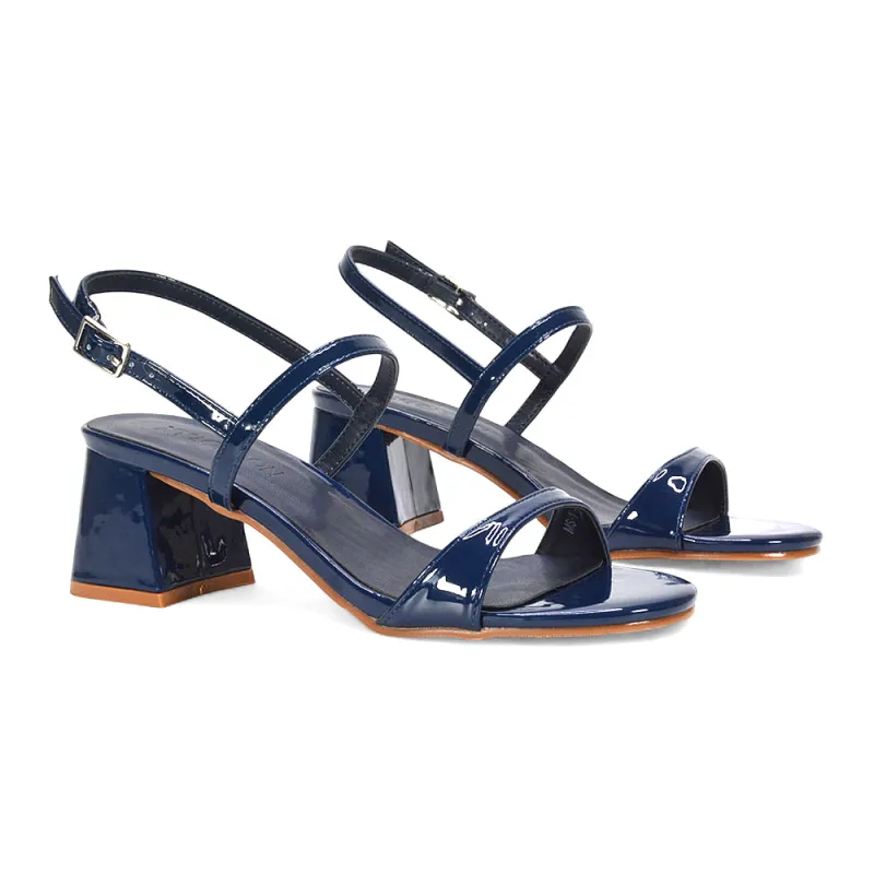 Izzy Strappy Slingback Peep Toe Mid Block Heel Sandals in Navy Patent sold by XYlondon