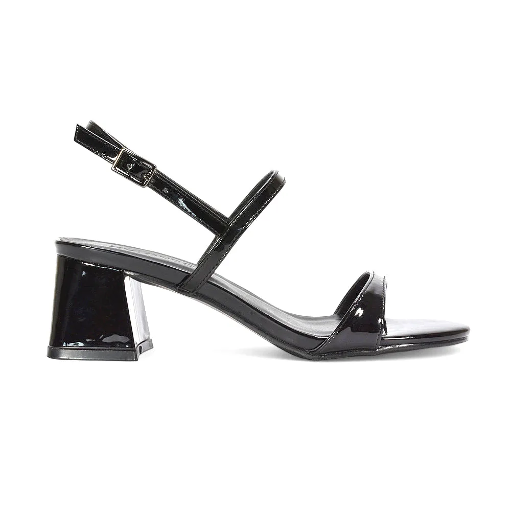 Izzy Strappy Slingback Peep Toe Mid Block Heel Sandals in Black Patent sold by XYlondon product image thumbnail 2