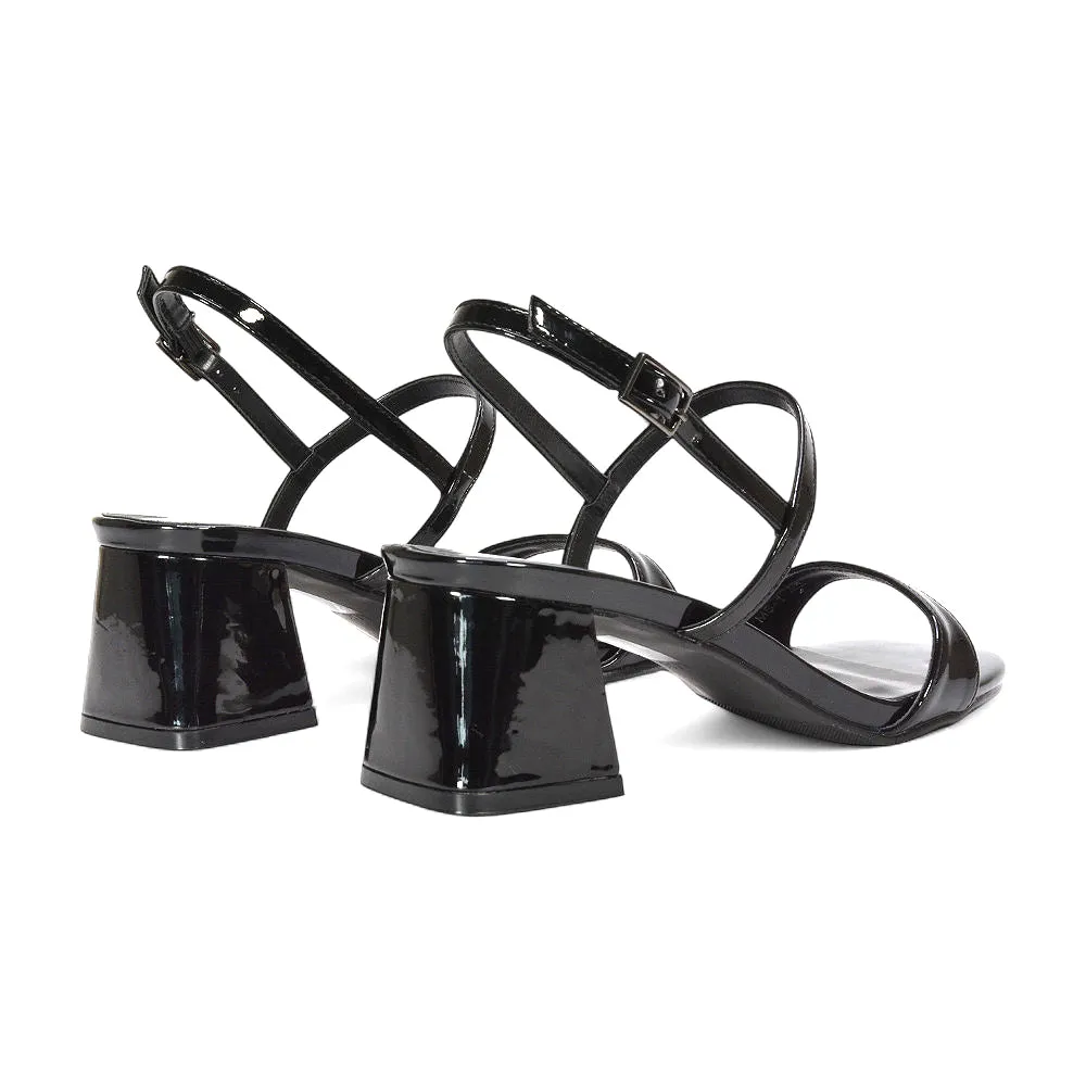 Izzy Strappy Slingback Peep Toe Mid Block Heel Sandals in Black Patent sold by XYlondon product image thumbnail 4
