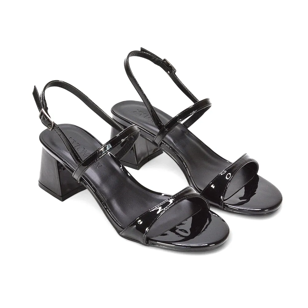 Izzy Strappy Slingback Peep Toe Mid Block Heel Sandals in Black Patent sold by XYlondon product image thumbnail 5