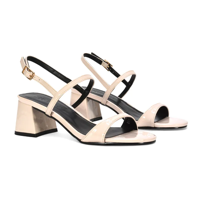 Izzy Strappy Slingback Peep Toe Mid Block Heel Sandals in Beige Patent sold by XYlondon
