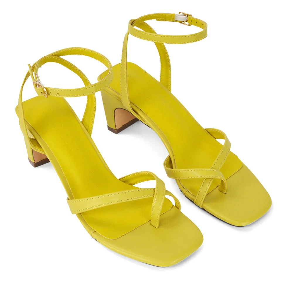 August Toe Post Low Mid-Block Heel Square Toe Ankle Strap Sandals in Mustard Faux Leather sold by XYlondon product image thumbnail 4