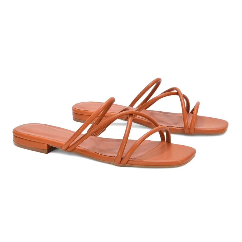 Indigo Square Toe Slip On Summer Flat Sandals Strappy Slider in Tan Synthetic Leather sold by XYlondon