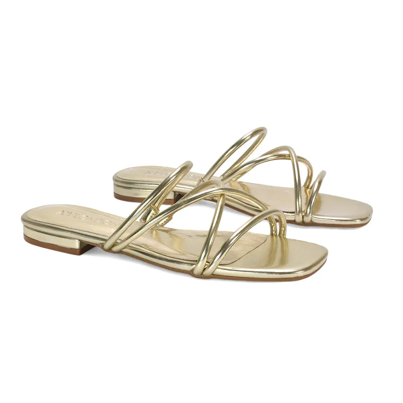 Indigo Square Toe Slip On Summer Flat Sandals Strappy Slider in Gold Metallic sold by XYlondon