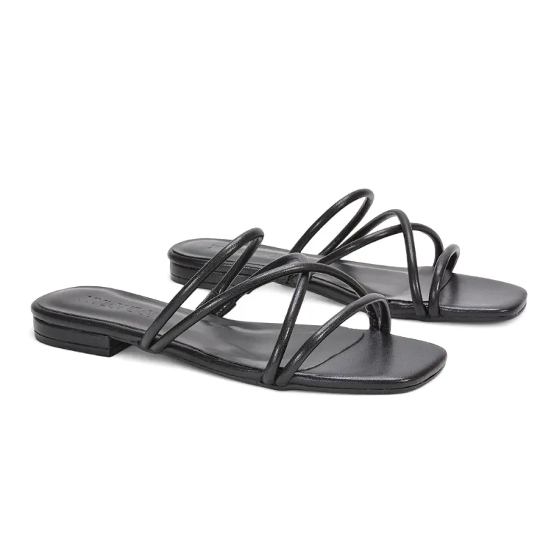 Indigo Square Toe Slip On Summer Flat Sandals Strappy Slider in Black Synthetic Leather sold by XYlondon
