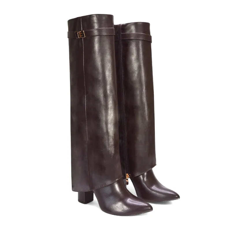 Rayna Pointed Toe Fold Over Knee High Boots With Block Heel in Brown Synthetic Leather sold by XYlondon