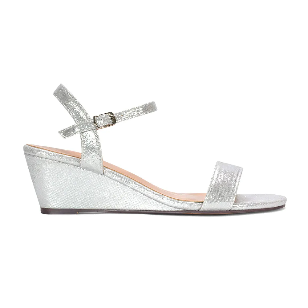 Mila Ankle Strap Open Toe Strappy Wedge Heel Sandals in Silver Metallic sold by XYlondon product image thumbnail 2