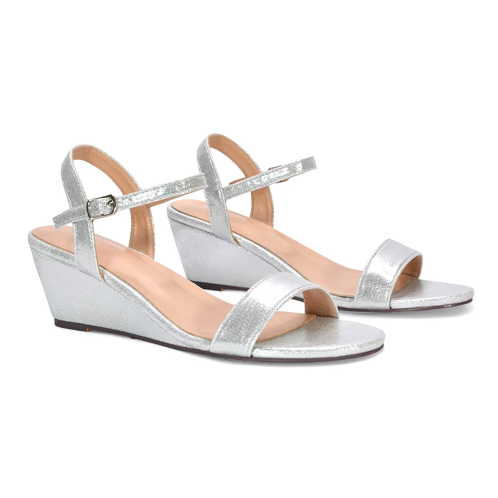 Mila Ankle Strap Open Toe Strappy Wedge Heel Sandals in Silver Metallic sold by XYlondon