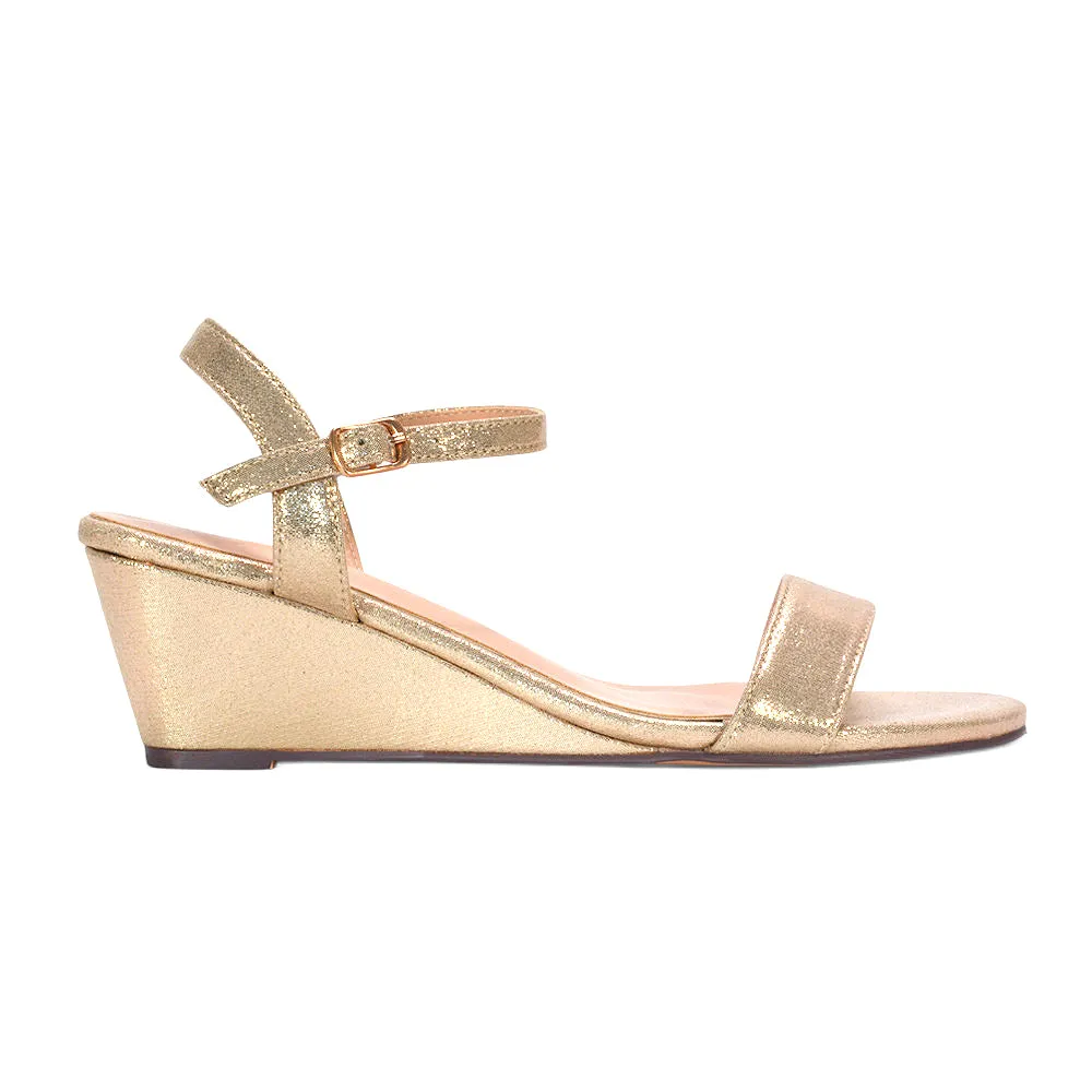 Mila Ankle Strap Open Toe Strappy Wedge Heel Sandals in Gold Metallic sold by XYlondon product image thumbnail 2