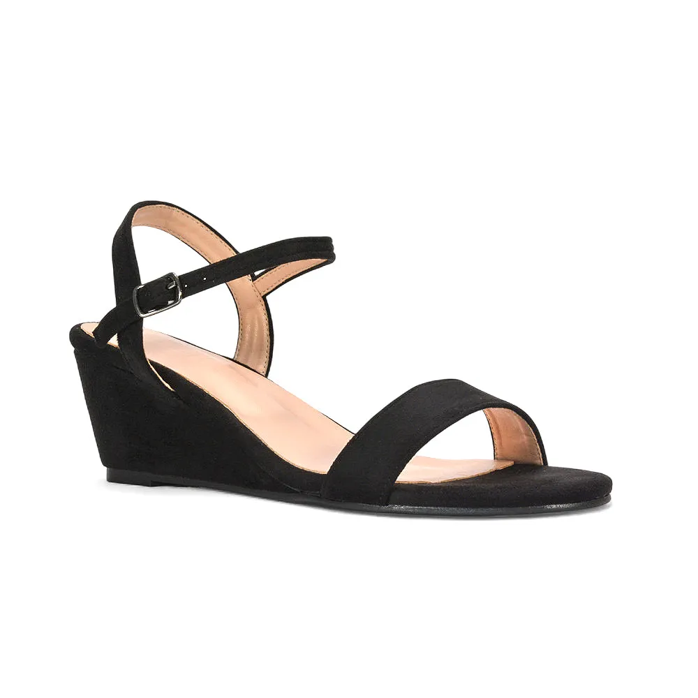 Mila Ankle Strap Open Toe Strappy Wedge Heel Sandals in Black Faux Suede sold by XYlondon product image thumbnail 3