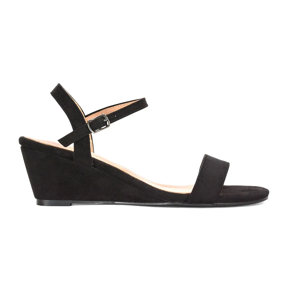 Mila Ankle Strap Open Toe Strappy Wedge Heel Sandals in Black Faux Suede sold by XYlondon product image thumbnail 2