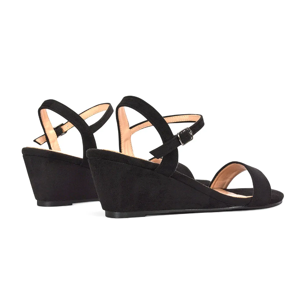 Mila Ankle Strap Open Toe Strappy Wedge Heel Sandals in Black Faux Suede sold by XYlondon product image thumbnail 4