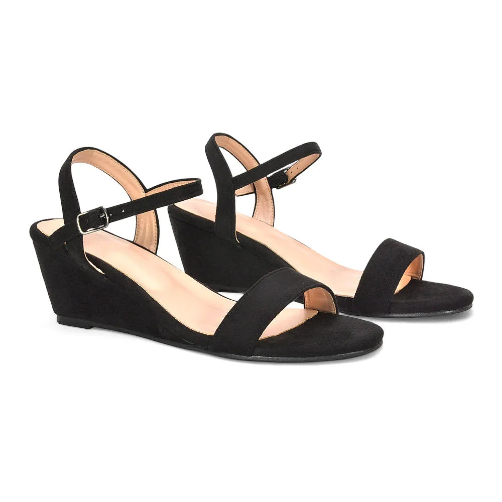 Mila Ankle Strap Open Toe Strappy Wedge Heel Sandals in Black Faux Suede sold by XYlondon