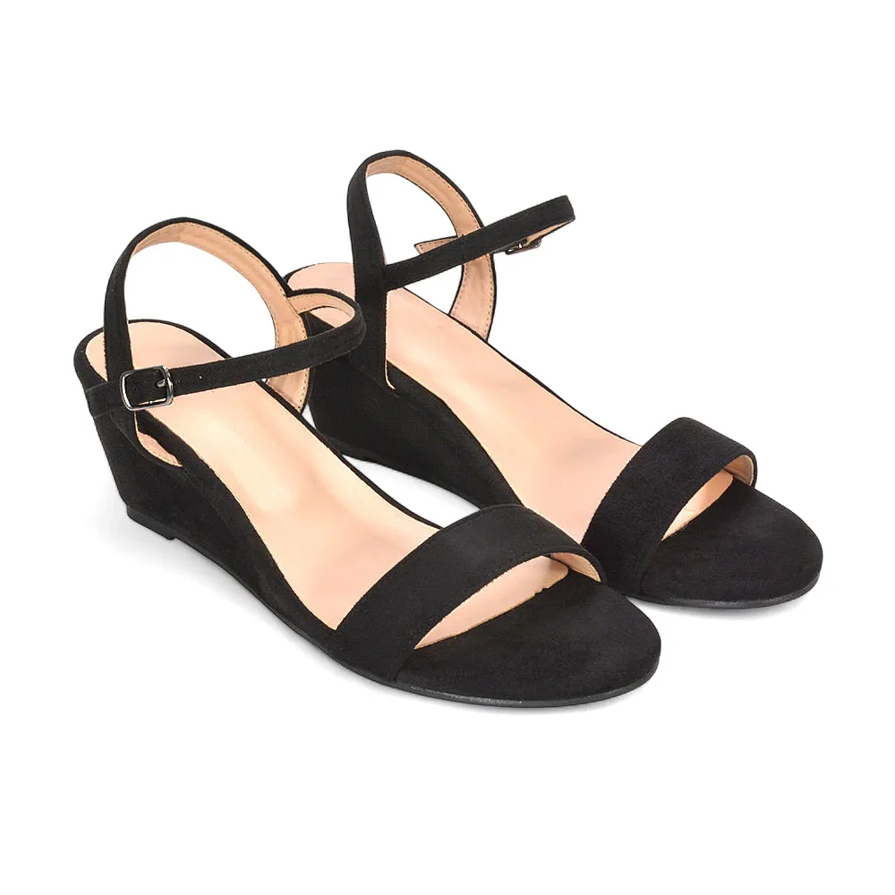 Mila Ankle Strap Open Toe Strappy Wedge Heel Sandals in Black Faux Suede sold by XYlondon product image thumbnail 5