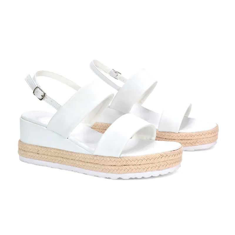 Juniper Slingback Espadrille Strappy Platform Wedge Heel Sandals in White Synthetic Leather sold by XYlondon