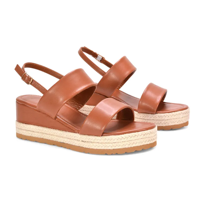 Juniper Slingback Espadrille Strappy Platform Wedge Heel Sandals in Tan Synthetic Leather sold by XYlondon