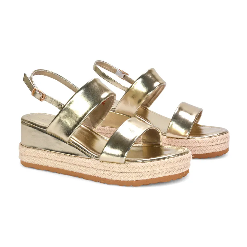 Juniper Slingback Espadrille Strappy Platform Wedge Heel Sandals in Gold Metallic sold by XYlondon