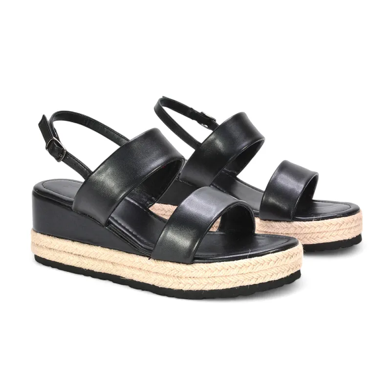 Juniper Slingback Espadrille Strappy Platform Wedge Heel Sandals in Black Synthetic Leather sold by XYlondon